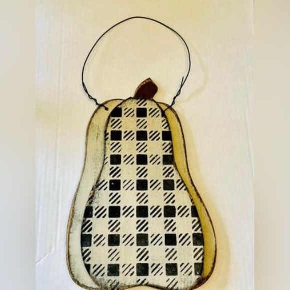 *Layered Wood Buffalo Plaid Pumpkin Ornament Cream and Black - Picture 6 of 6